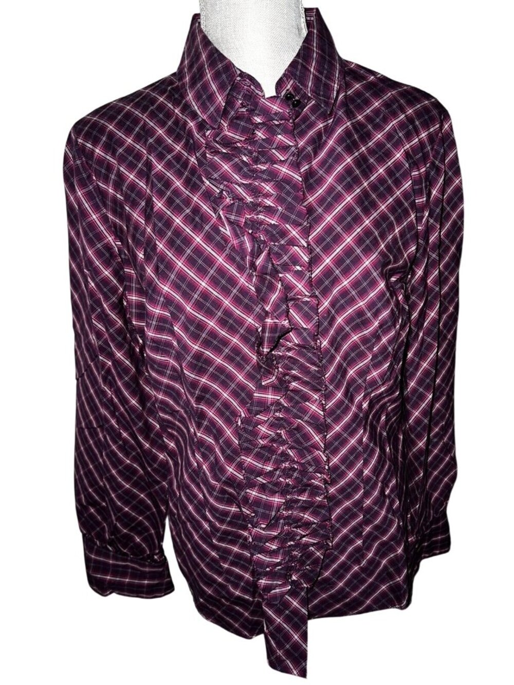 New York & Company Womens Purple Plaid Ruffle Button-Up Shirt Long Sleeve Size L